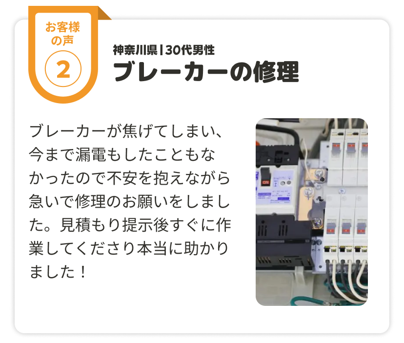 ブレーカーが焦げてしまい、今まで漏電もしたこともなかったので不安を抱えながら急いで修理のお願いをしました。見積もり提示後すぐに作業してくださり本当に助かりました!
